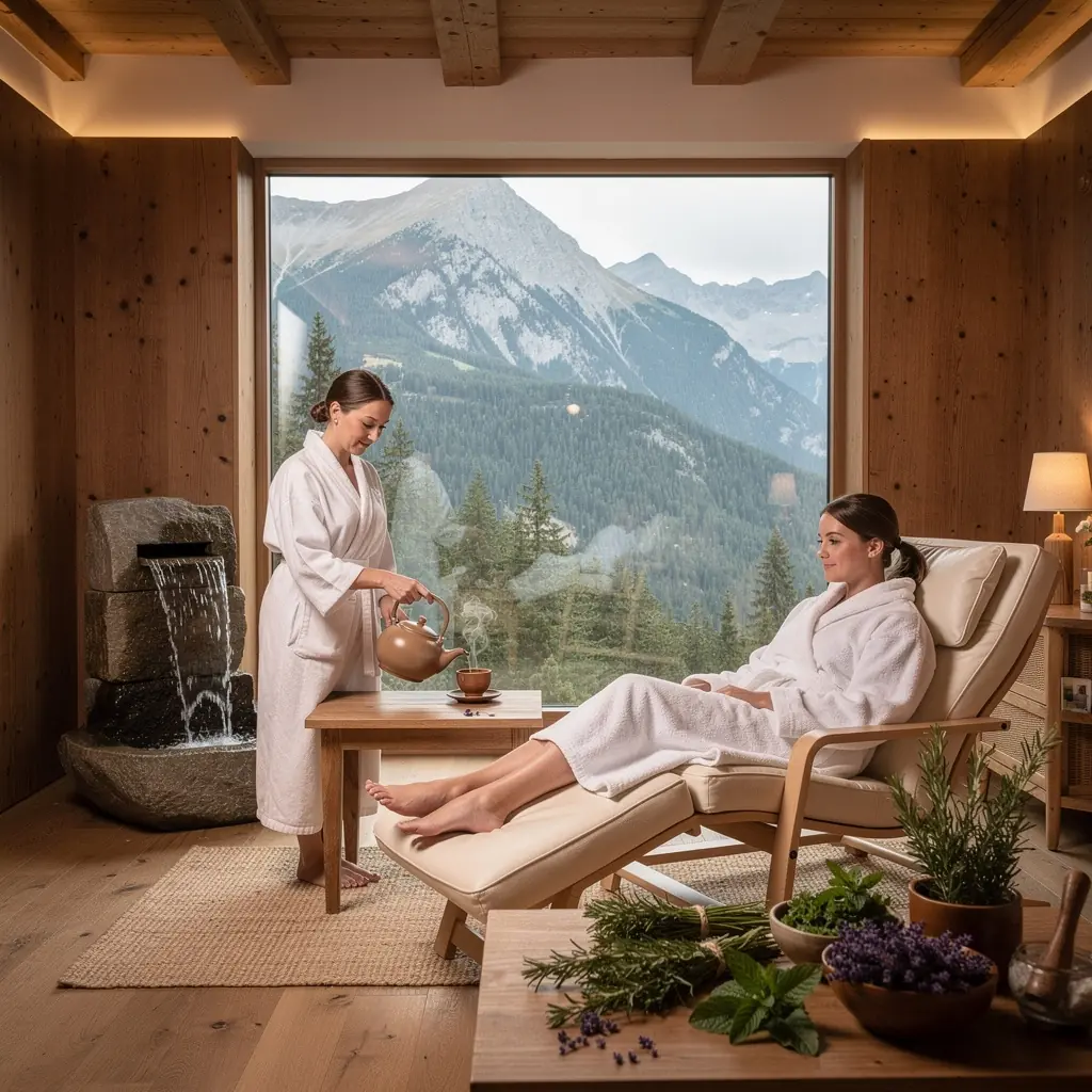 Západ slnka nad pokojnou krajinou s šálkou čaju v popredí