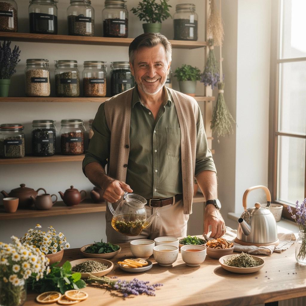 Zelený čaj s bylinkami na zníženie stresu v šálke na drevenom stole