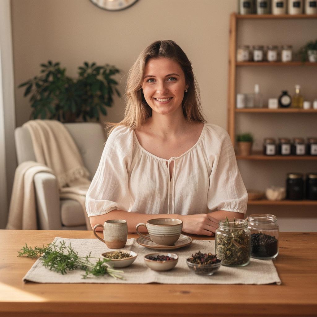 Pohár s bylinkovým čajom obklopený voňavými kvetmi a listami